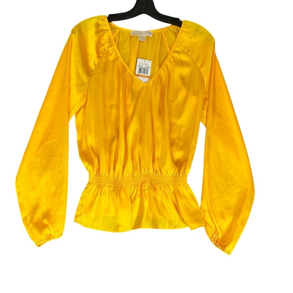 NWT Michael Kors Sunflower Yellow Smocked Waist Peplum Blouse QS34671K08 S